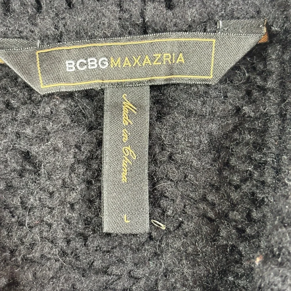 BCBGMAXAZRIA Womens Black Cable Knit‎ Shawl Collar Short Sleeve Sweater Large